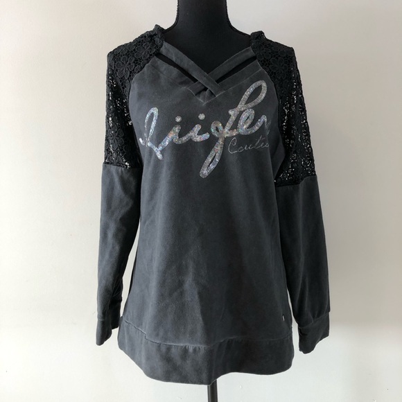 Rufen Tops - Women’s Rufen Charcoal Gray & Black Lace detail Sweatshirt size L
